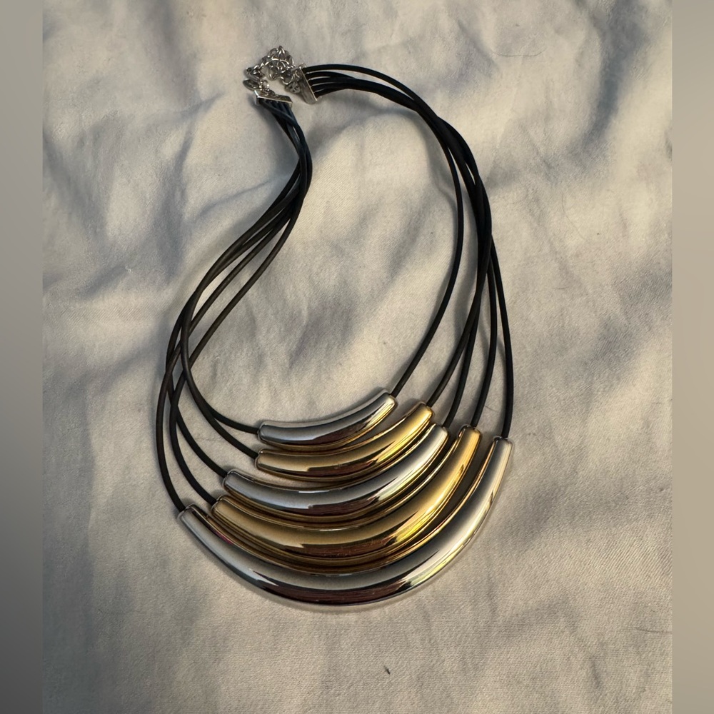 Gold and Silver Multi-Strand Necklace with Curved Tubes